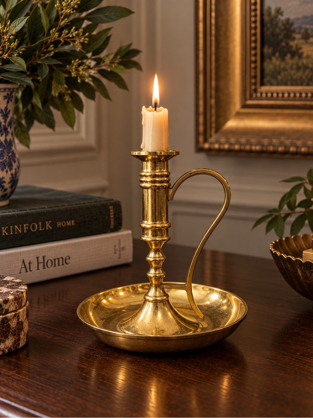 Large Vintage Heavy Brass Chamberstick Candle Holder | 7” Tall